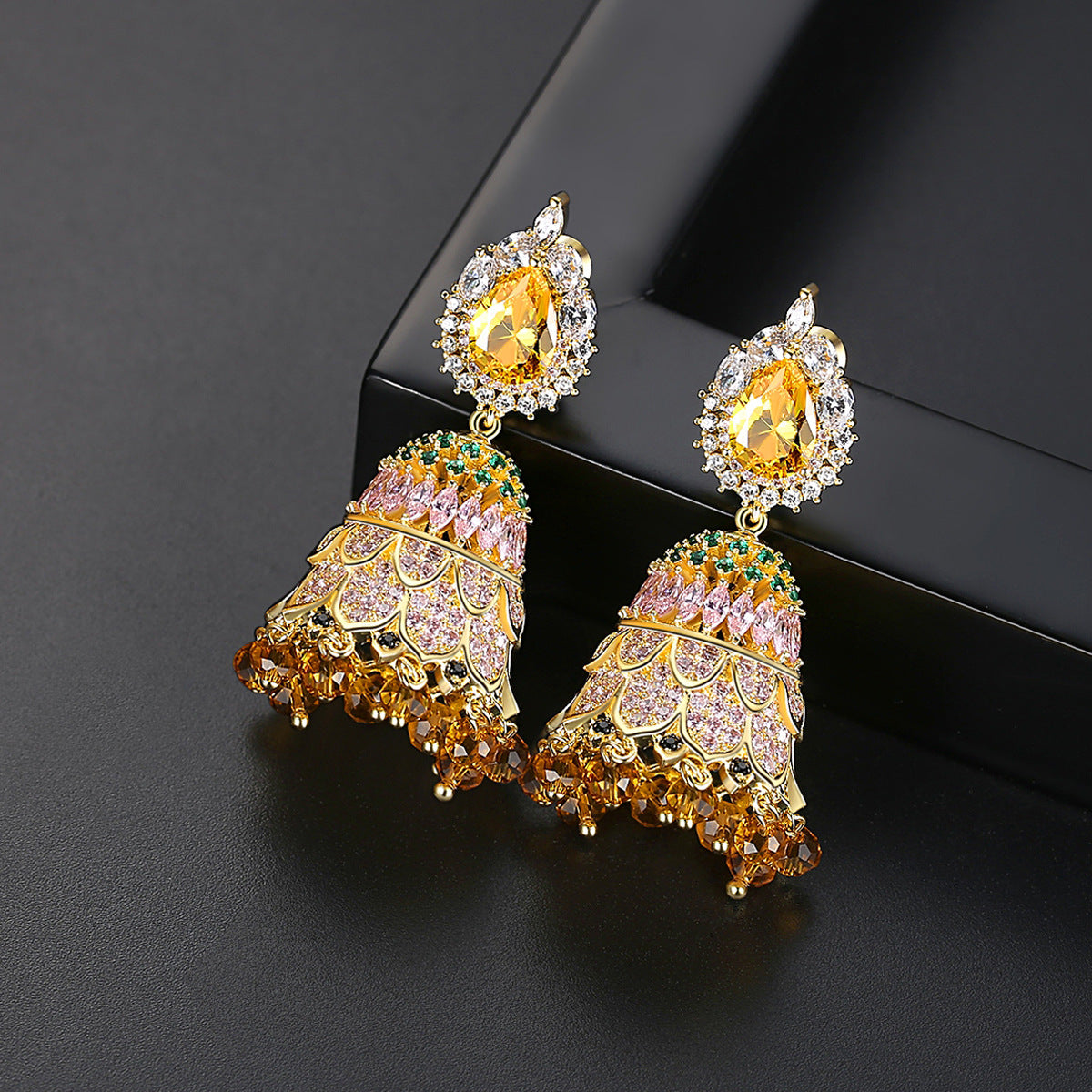High-Quality Indian Style Earrings Bollywood Inlaid Zircon Water Drop Shape Luxury Jhumka Jhumki Jumka Earrings-Gold - enjoyinshopping
