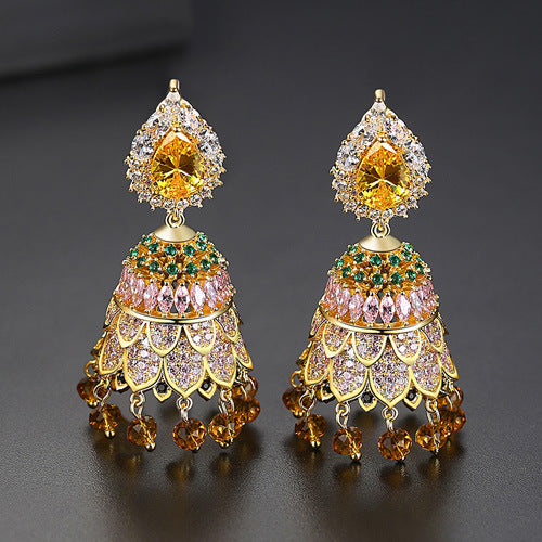 High-Quality Indian Style Earrings Bollywood Inlaid Zircon Water Drop Shape Luxury Jhumka Jhumki Jumka Earrings-Gold - enjoyinshopping