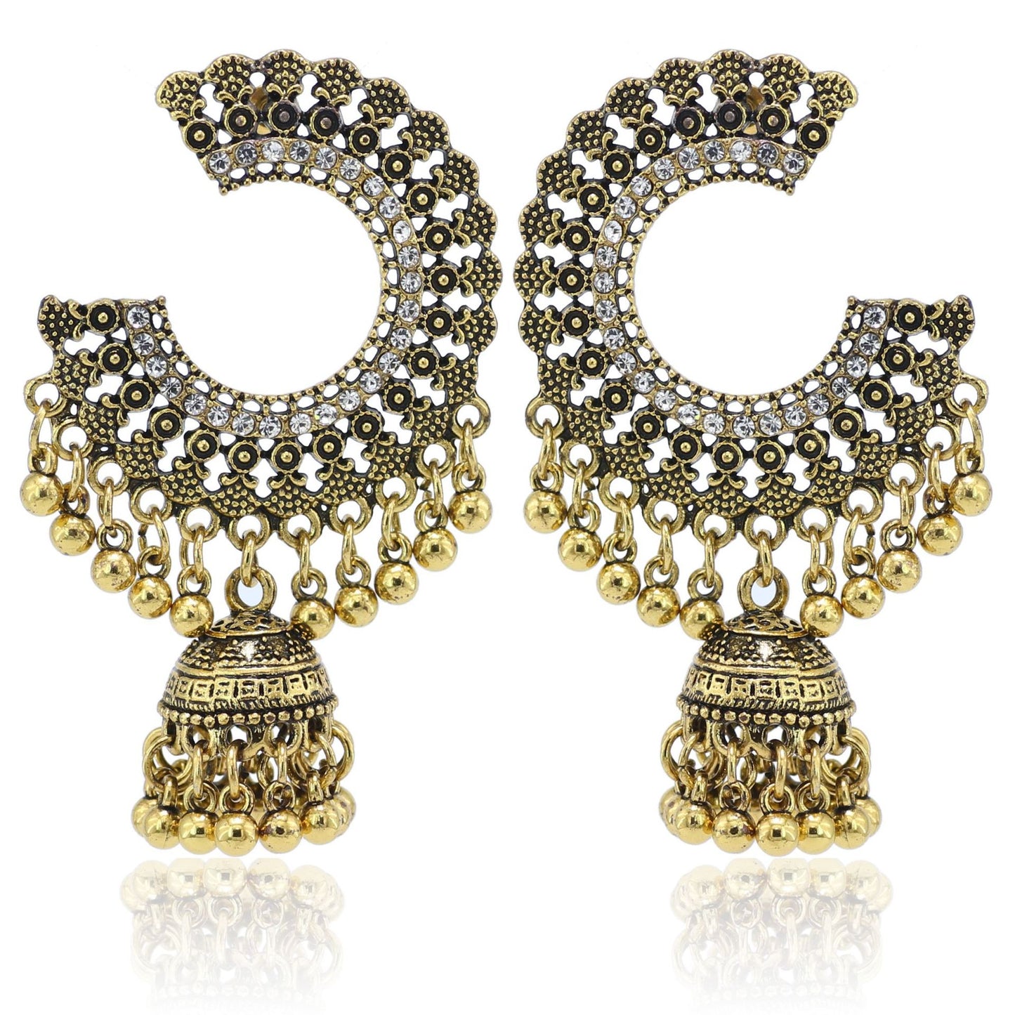 Indian Earrings Traditional Round Beaded Earrings Emboss Moon for Wowen-Gold/Silver - enjoyinshopping