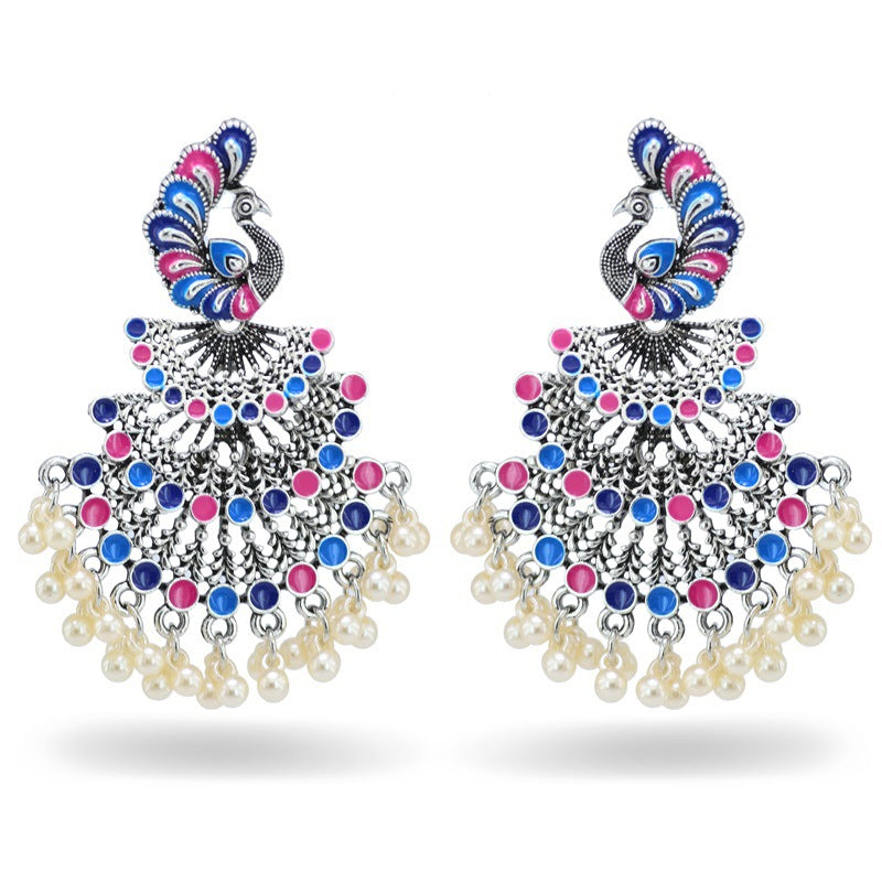 Indian Earrings Beaded Enamel Peacock Stud Earrings for Wowen-Blue - enjoyinshopping