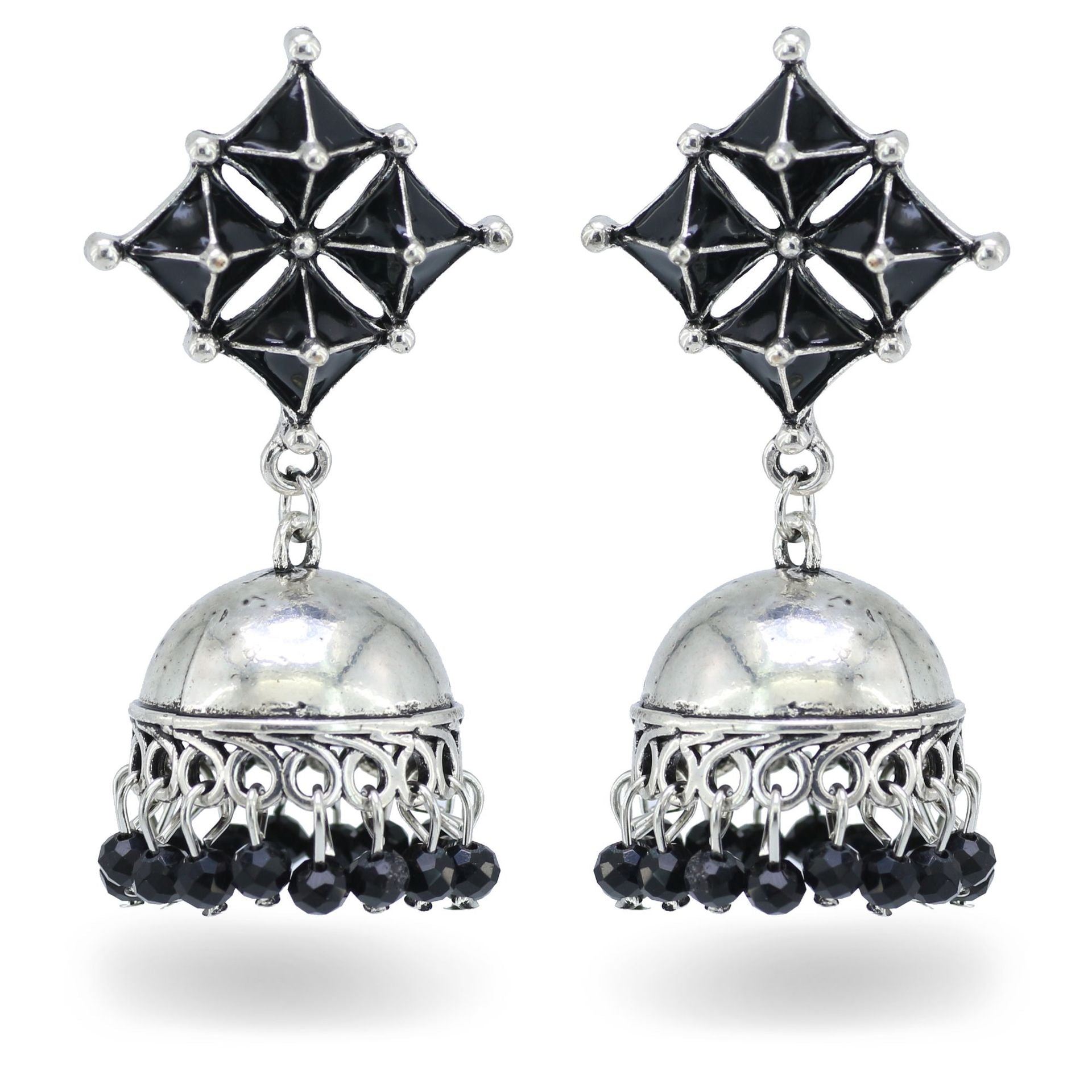 Indian Earrings Silver Round Beaded Earrings for Wowen-Black - enjoyinshopping