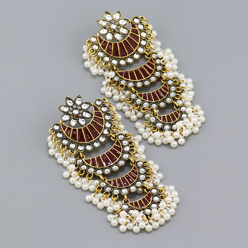 Indian Earrings Gold Round Long Pearl Beaded Earrings for Wowen-Red