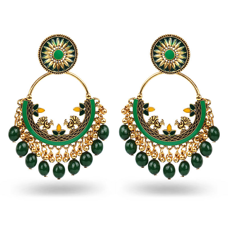 Indian Earrings Traditional Round Beaded Oil dripping Flower Earrings Chandali for Wowen-Green/Pink