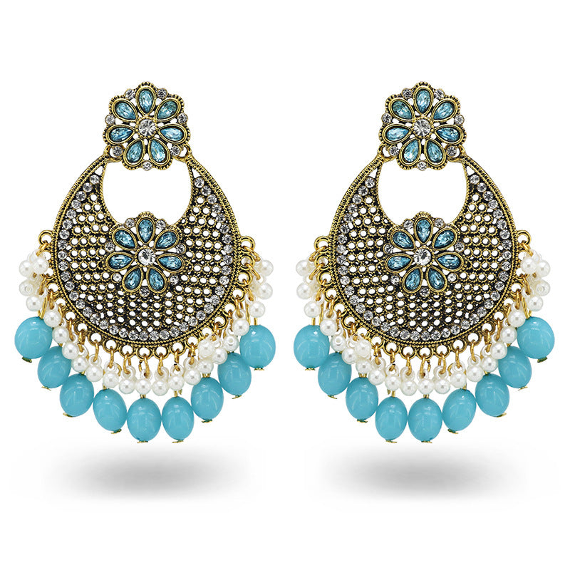 Indian Earrings Traditional Round Beaded Imitation Agate Earrings Chandali for Wowen-Black/Baby Blue - enjoyinshopping