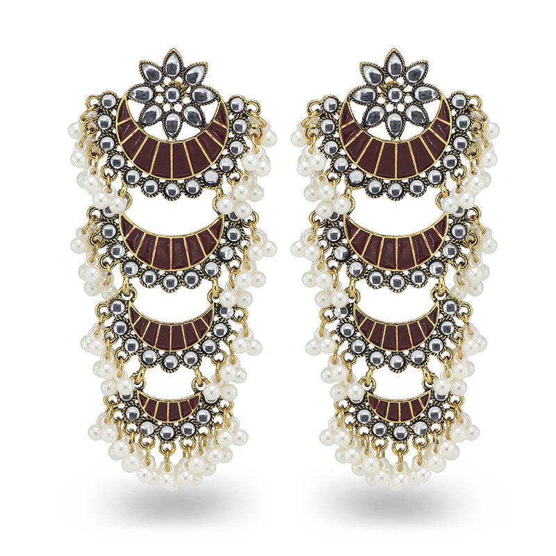 Indian Earrings Gold Round Long Pearl Beaded Earrings for Wowen-Red