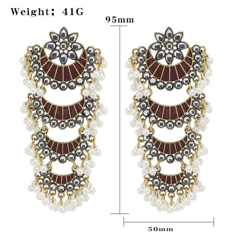 Indian Earrings Gold Round Long Pearl Beaded Earrings for Wowen-Red