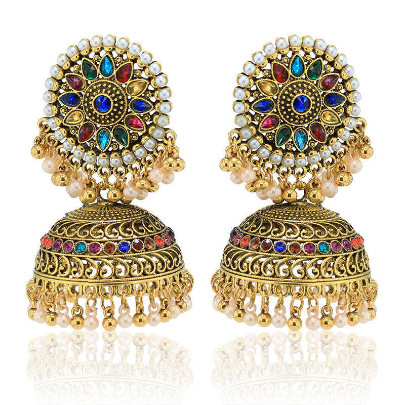 Indian Earrings Traditional Ethnic Sun Flower Pearl Golden Oxidized Long Jhumka Jhumki Jumka Earrings for Wowen-Gold - enjoyinshopping
