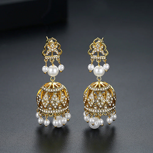 High-Quality Indian Style Earrings Bollywood Inlaid Zircon Luxury Jhumka Jhumki Jumka Earrings-Gold - enjoyinshopping