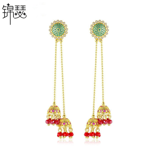 High-Quality Indian Style Earrings Bollywood Inlaid Zircon Long Luxury Jhumka Jhumki Jumka Earrings-Gold - enjoyinshopping