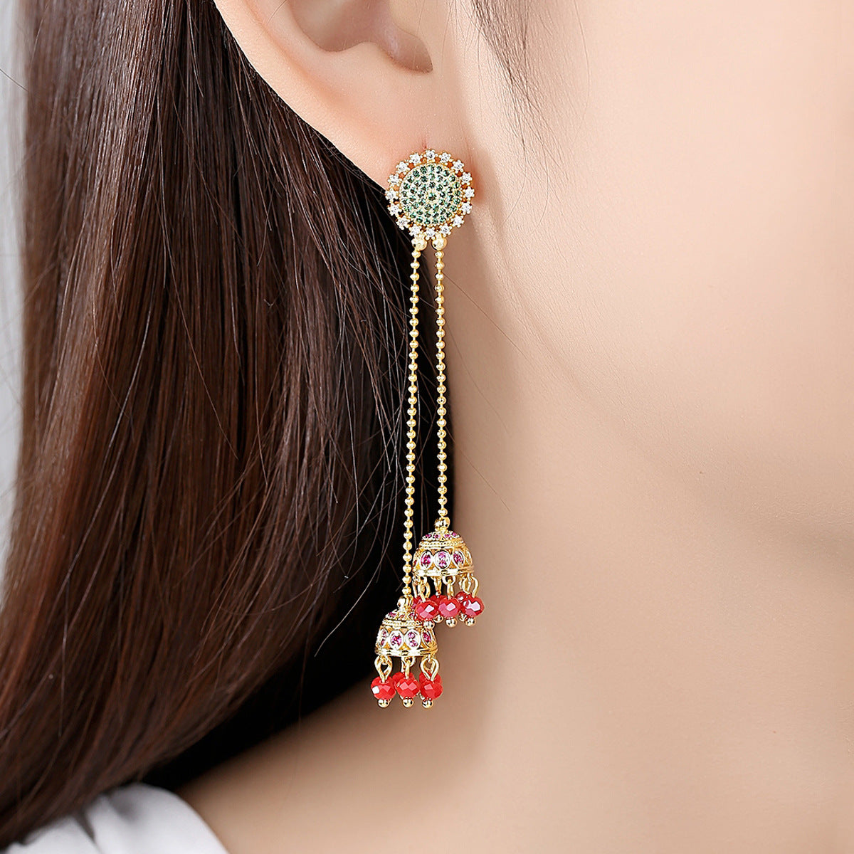 High-Quality Indian Style Earrings Bollywood Inlaid Zircon Long Luxury Jhumka Jhumki Jumka Earrings-Gold - enjoyinshopping