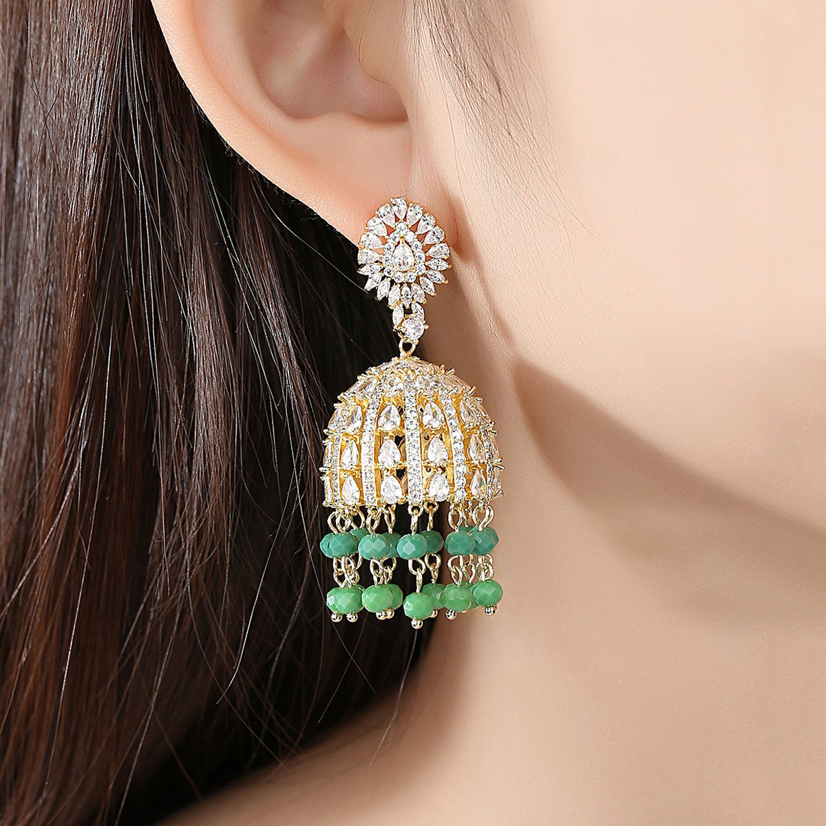 High-Quality Indian Style Earrings Bollywood Inlaid Zircon Luxury Jhumka Jhumki Jumka Earrings-Gold - enjoyinshopping