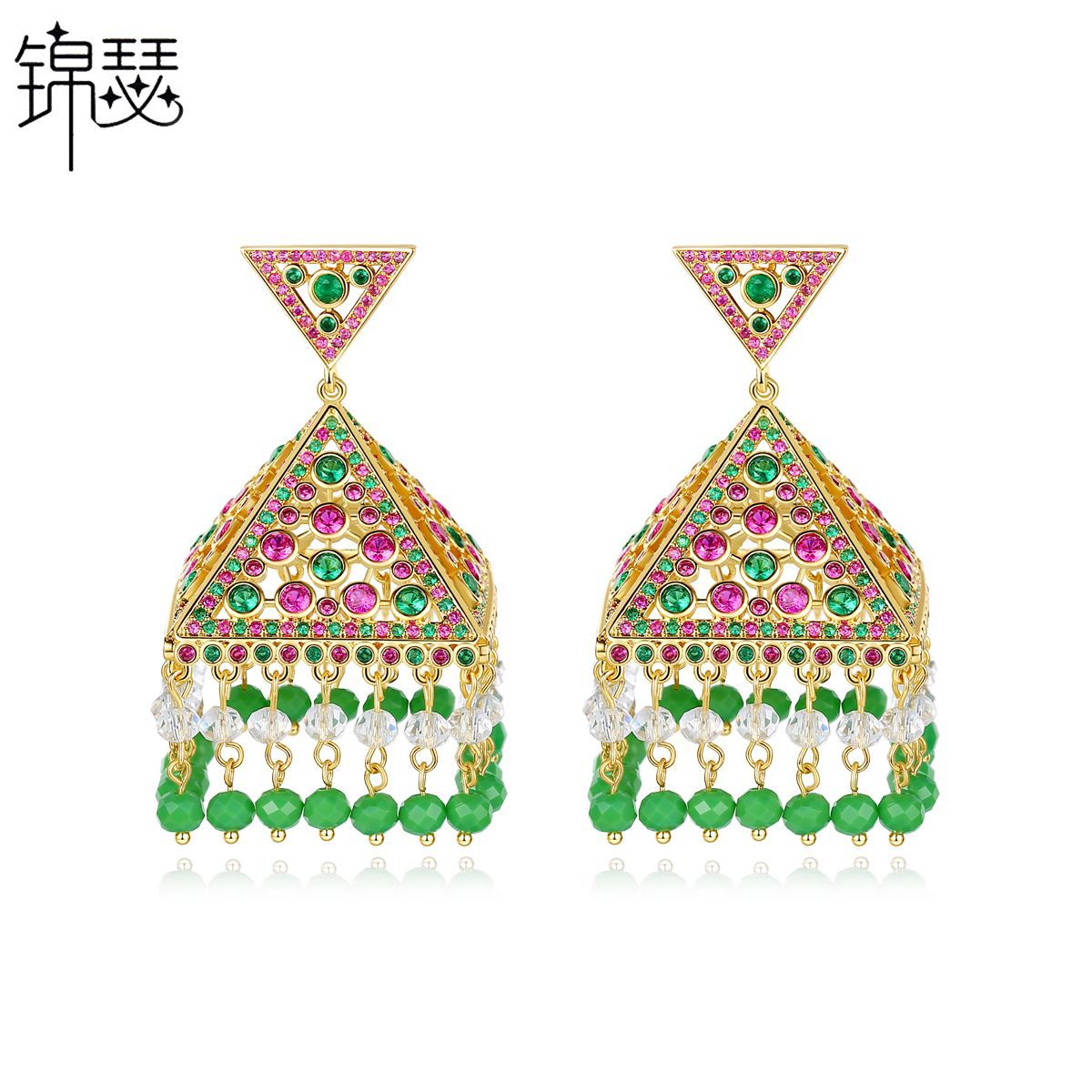 High-Quality Indian Style Earrings Bollywood Inlaid Zircon Triangle Luxury Jhumka Jhumki Jumka Earrings-Gold - enjoyinshopping