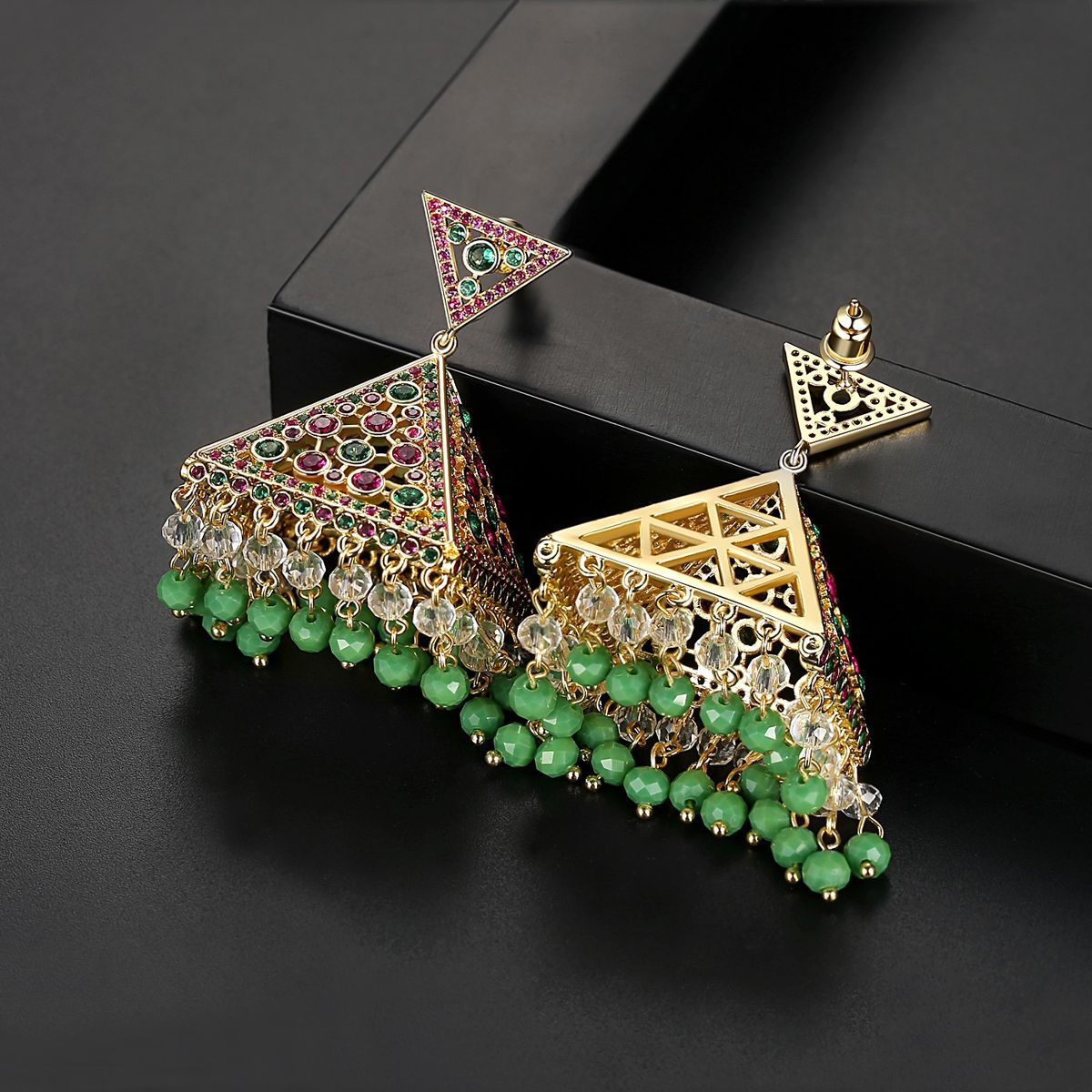 High-Quality Indian Style Earrings Bollywood Inlaid Zircon Triangle Luxury Jhumka Jhumki Jumka Earrings-Gold - enjoyinshopping