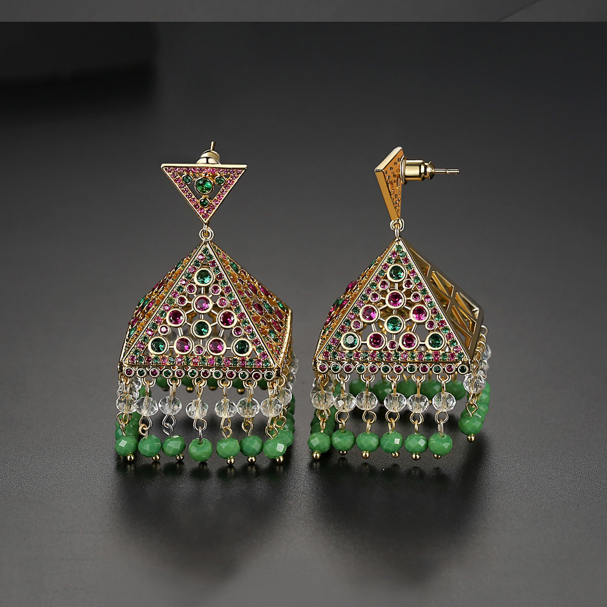 High-Quality Indian Style Earrings Bollywood Inlaid Zircon Triangle Luxury Jhumka Jhumki Jumka Earrings-Gold - enjoyinshopping