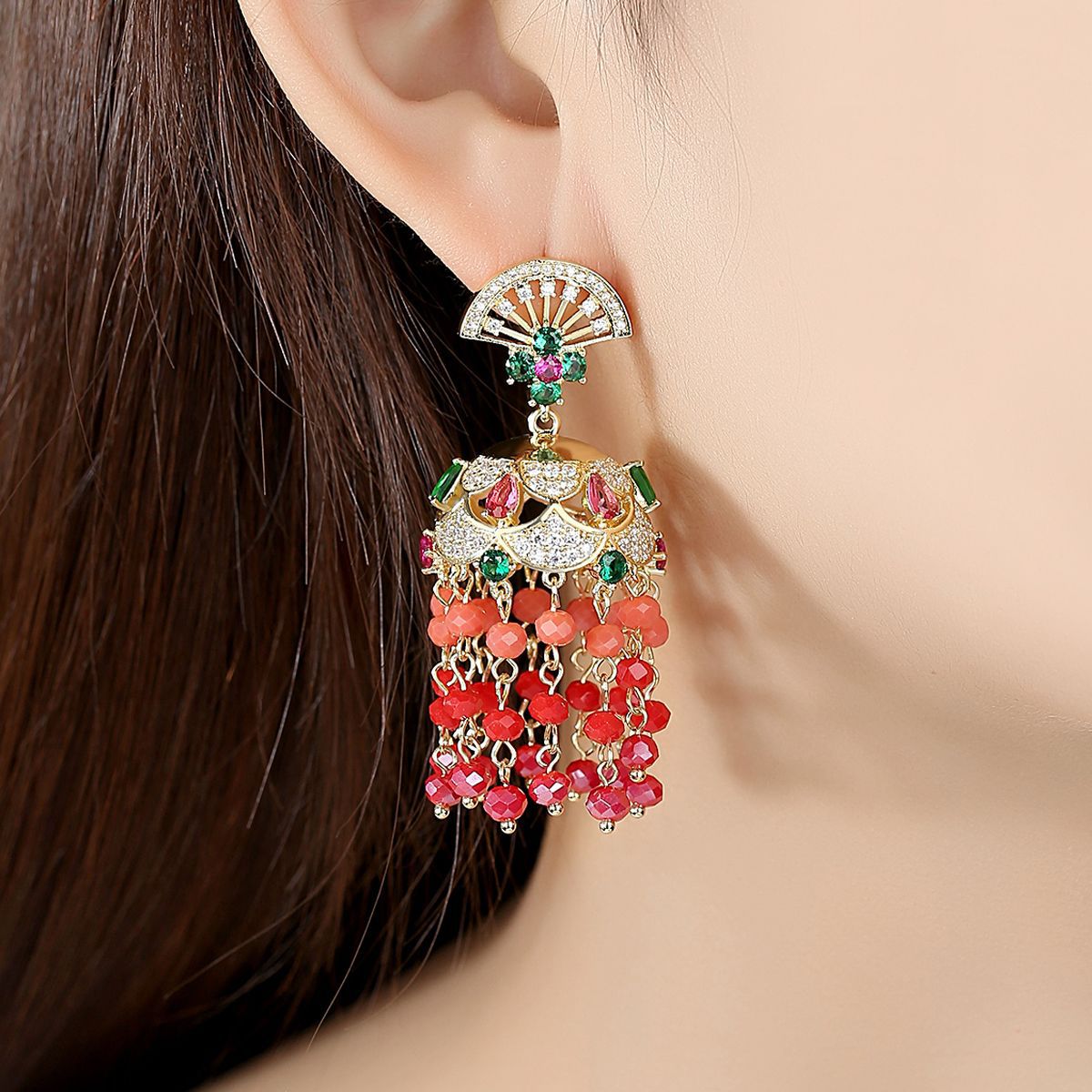 High-Quality Indian Style Earrings Bollywood Inlaid Zircon Luxury Jhumka Jhumki Jumka Earrings-Gold - enjoyinshopping