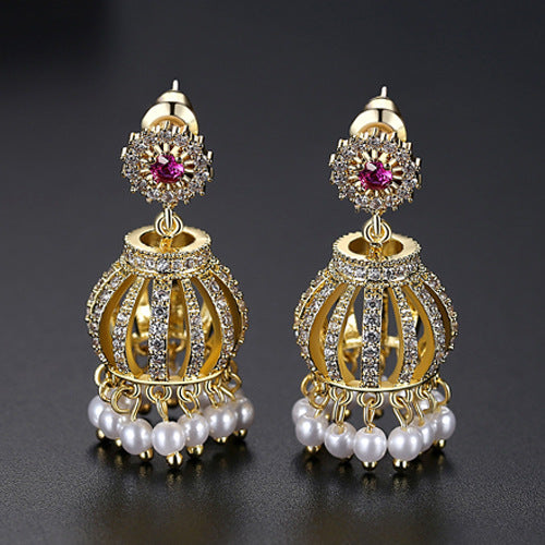 High-Quality Indian Style Earrings Bollywood Inlaid Zircon Enboss Bell Shape Luxury Jhumka Jhumki Jumka Earrings-Gold - enjoyinshopping