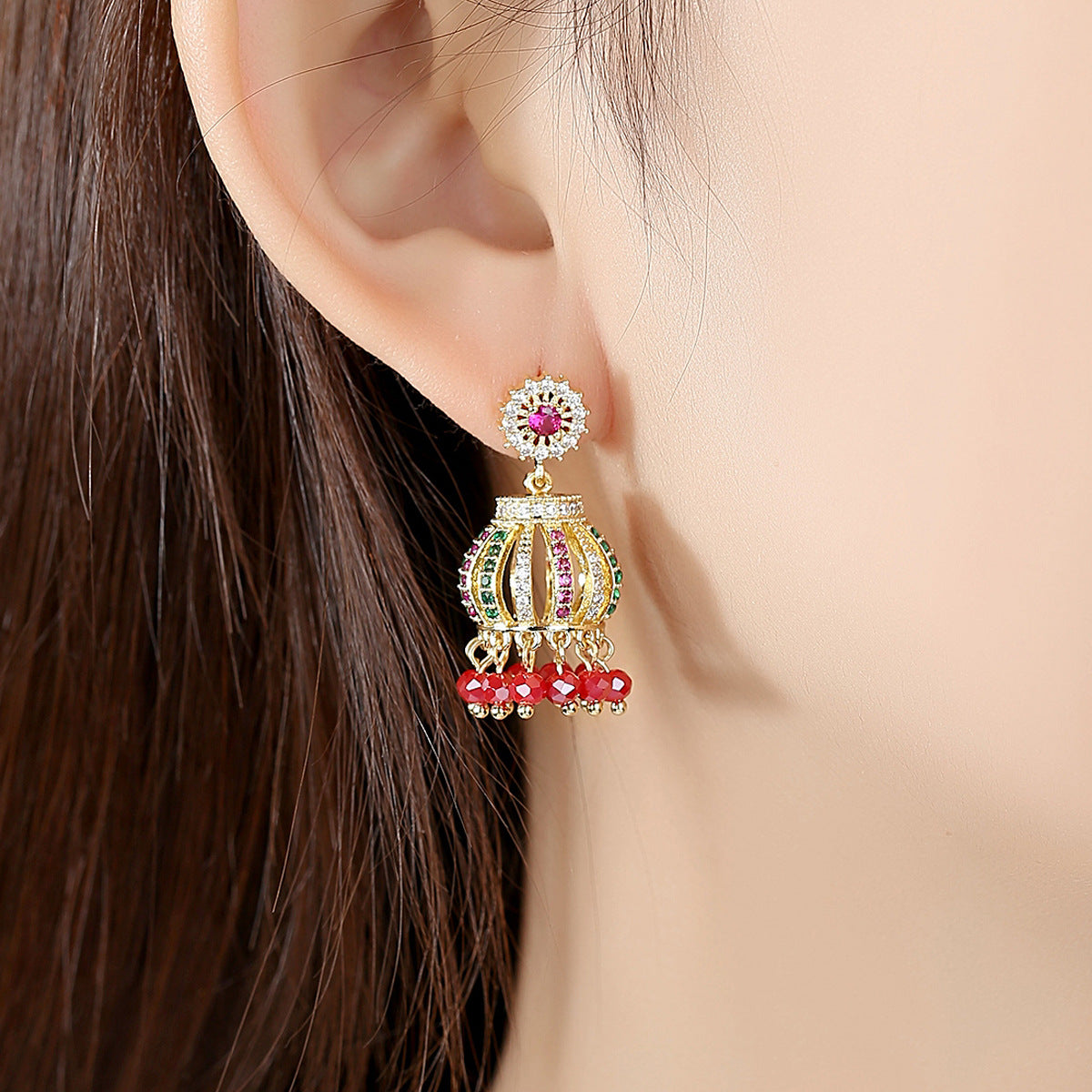 High-Quality Indian Style Earrings Bollywood Inlaid Zircon Enboss Bell Shape Luxury Jhumka Jhumki Jumka Earrings-Gold - enjoyinshopping