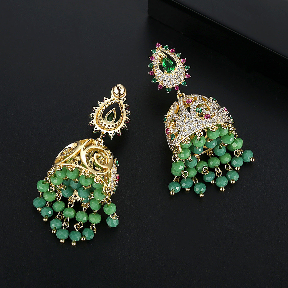 High-Quality Indian Style Earrings Bollywood Inlaid Zircon Paisley Shape Luxury Jhumka Jhumki Jumka Earrings-Gold & Green - enjoyinshopping