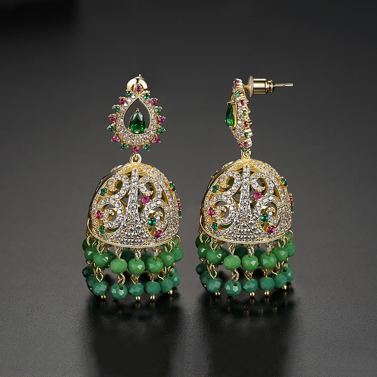 High-Quality Indian Style Earrings Bollywood Inlaid Zircon Paisley Shape Luxury Jhumka Jhumki Jumka Earrings-Gold & Green - enjoyinshopping