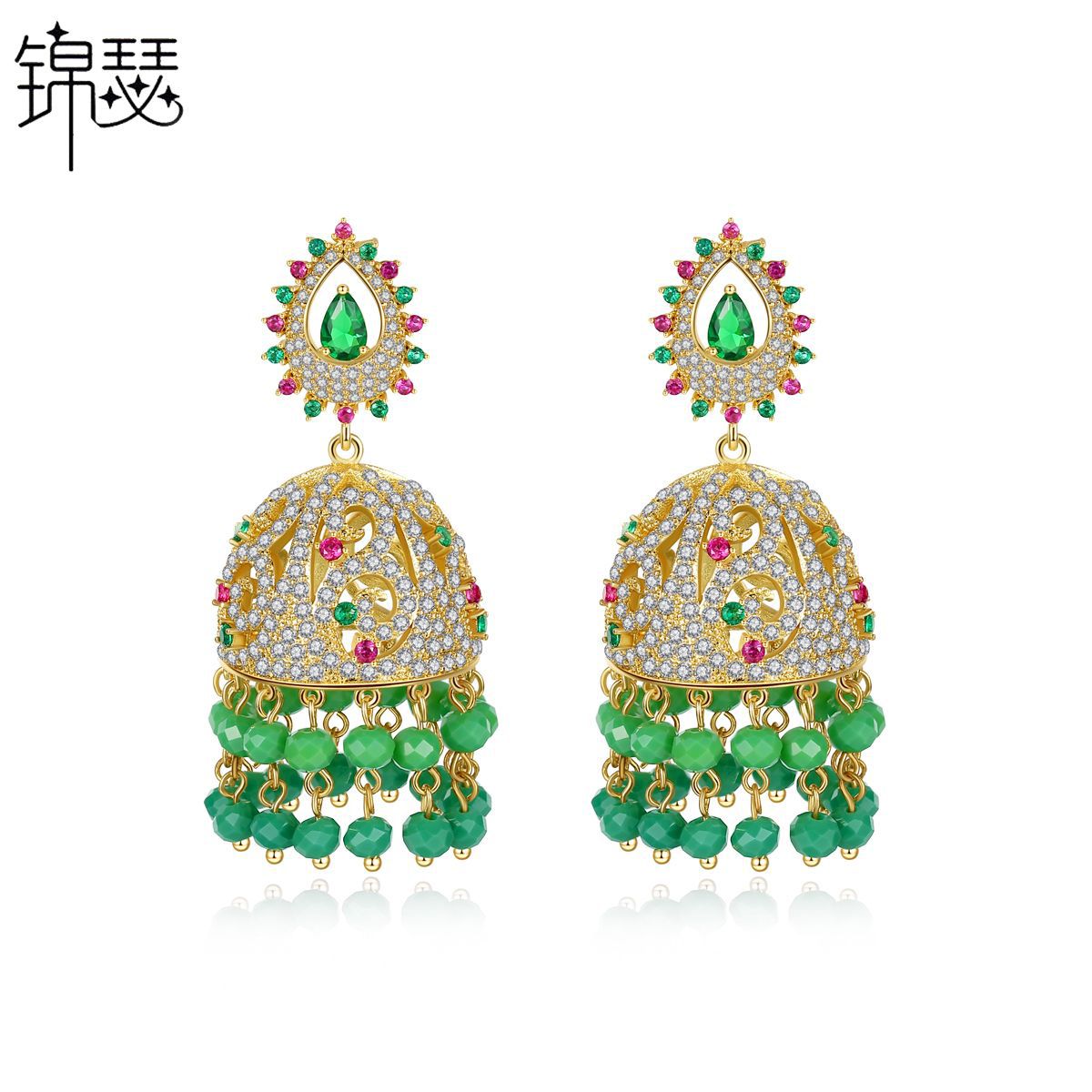 High-Quality Indian Style Earrings Bollywood Inlaid Zircon Paisley Shape Luxury Jhumka Jhumki Jumka Earrings-Gold & Green - enjoyinshopping