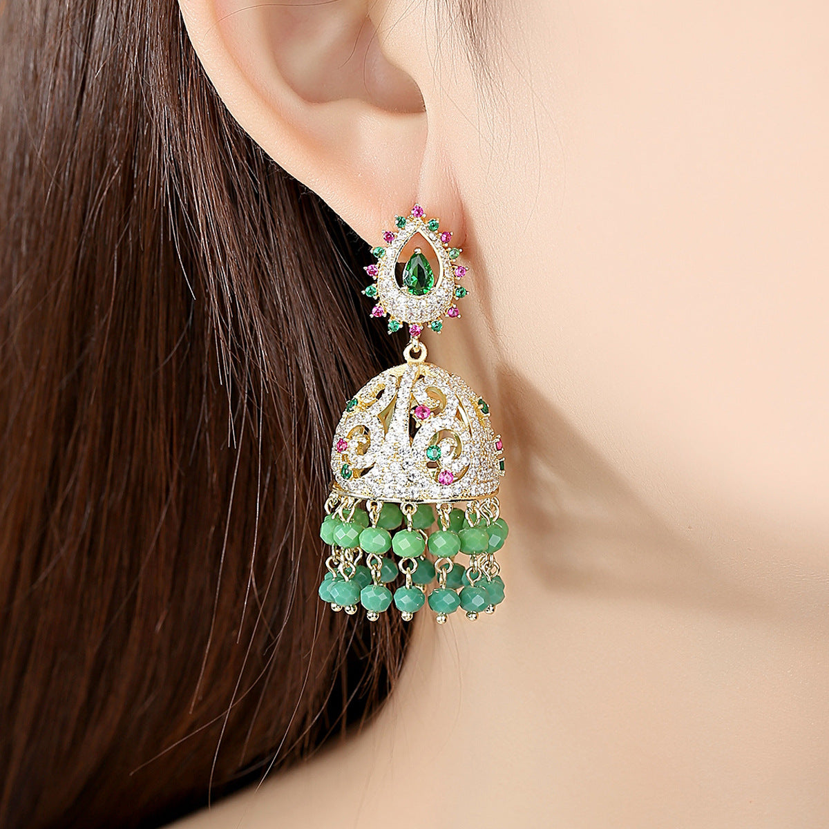 High-Quality Indian Style Earrings Bollywood Inlaid Zircon Paisley Shape Luxury Jhumka Jhumki Jumka Earrings-Gold & Green - enjoyinshopping