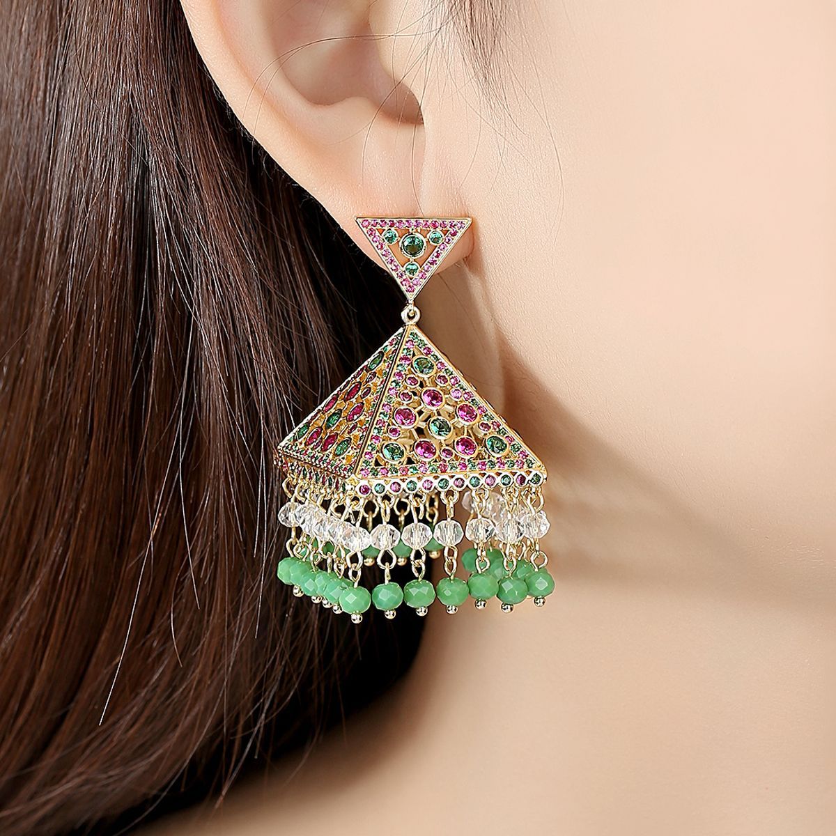 High-Quality Indian Style Earrings Bollywood Inlaid Zircon Triangle Luxury Jhumka Jhumki Jumka Earrings-Gold - enjoyinshopping