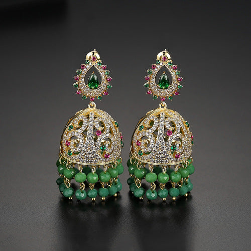 High-Quality Indian Style Earrings Bollywood Inlaid Zircon Paisley Shape Luxury Jhumka Jhumki Jumka Earrings-Gold & Green - enjoyinshopping