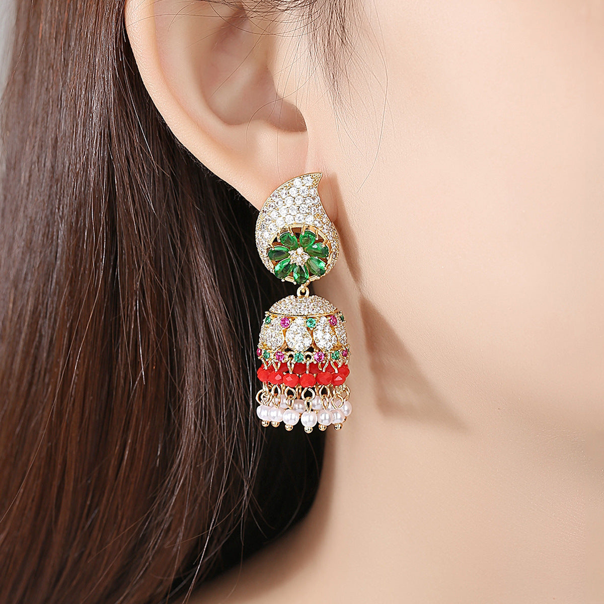 High-Quality Indian Style Earrings Bollywood Inlaid Zircon Paisley Shape Luxury Jhumka Jhumki Jumka Earrings-Gold - enjoyinshopping