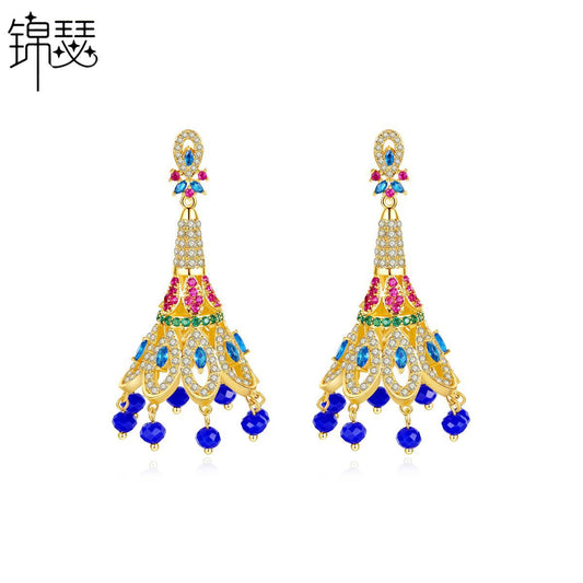 High-Quality Indian Style Earrings Bollywood Inlaid Zircon Peacock Tail Shape Luxury Jhumka Jhumki Jumka Earrings-Gold - enjoyinshopping