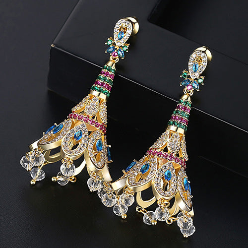 High-Quality Indian Style Earrings Bollywood Inlaid Zircon Peacock Tail Shape Luxury Jhumka Jhumki Jumka Earrings-Gold - enjoyinshopping