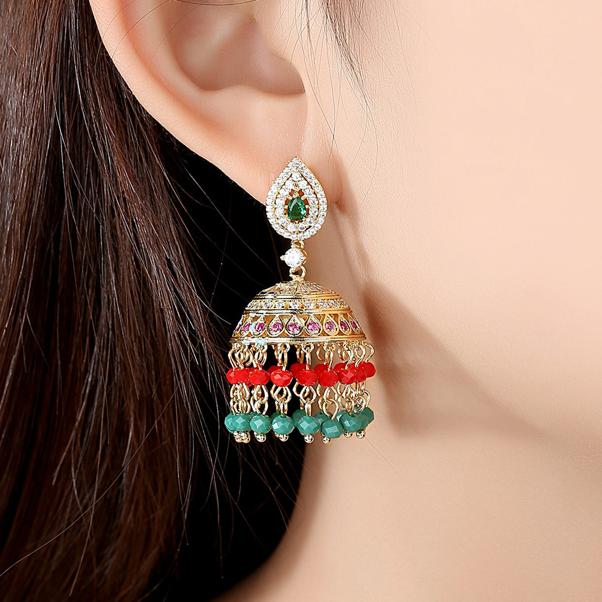 High-Quality Indian Style Earrings Bollywood Inlaid Zircon Luxury Jhumka Jhumki Jumka Earrings-Gold - enjoyinshopping