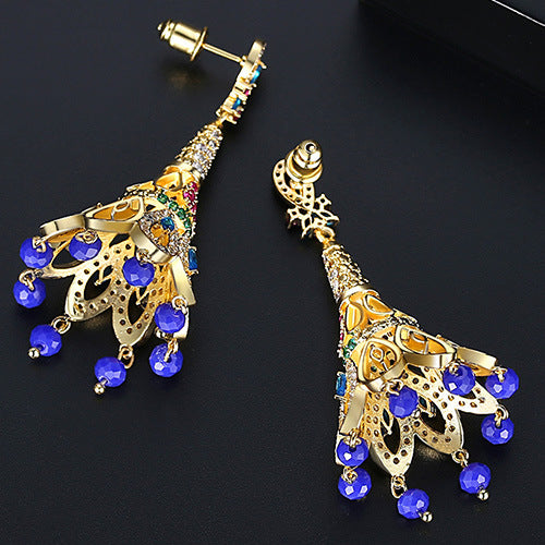 High-Quality Indian Style Earrings Bollywood Inlaid Zircon Peacock Tail Shape Luxury Jhumka Jhumki Jumka Earrings-Gold - enjoyinshopping