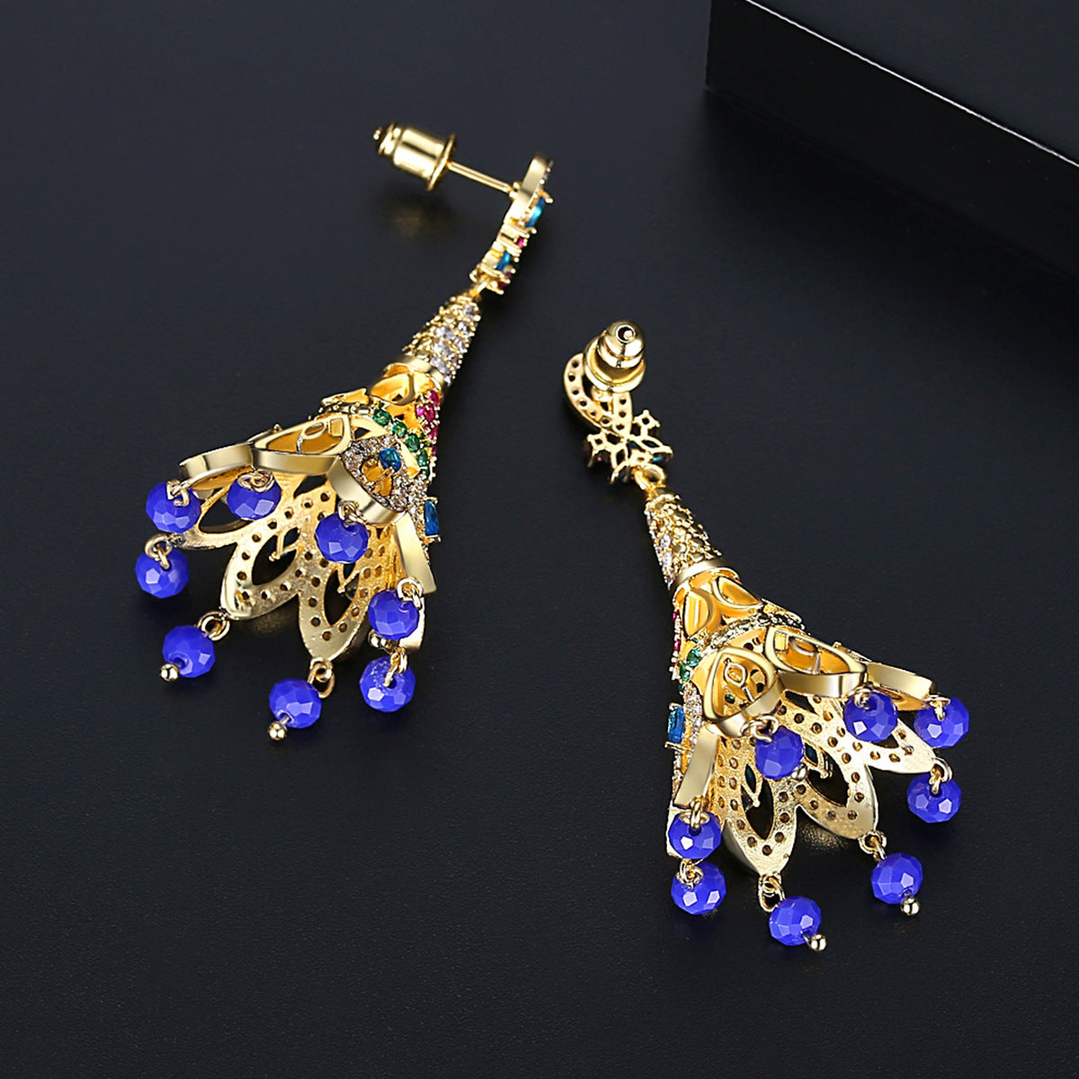 High-Quality Indian Style Earrings Bollywood Inlaid Zircon Peacock Tail Shape Luxury Jhumka Jhumki Jumka Earrings-Gold - enjoyinshopping