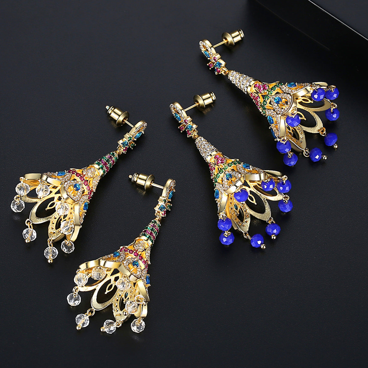 High-Quality Indian Style Earrings Bollywood Inlaid Zircon Peacock Tail Shape Luxury Jhumka Jhumki Jumka Earrings-Gold - enjoyinshopping