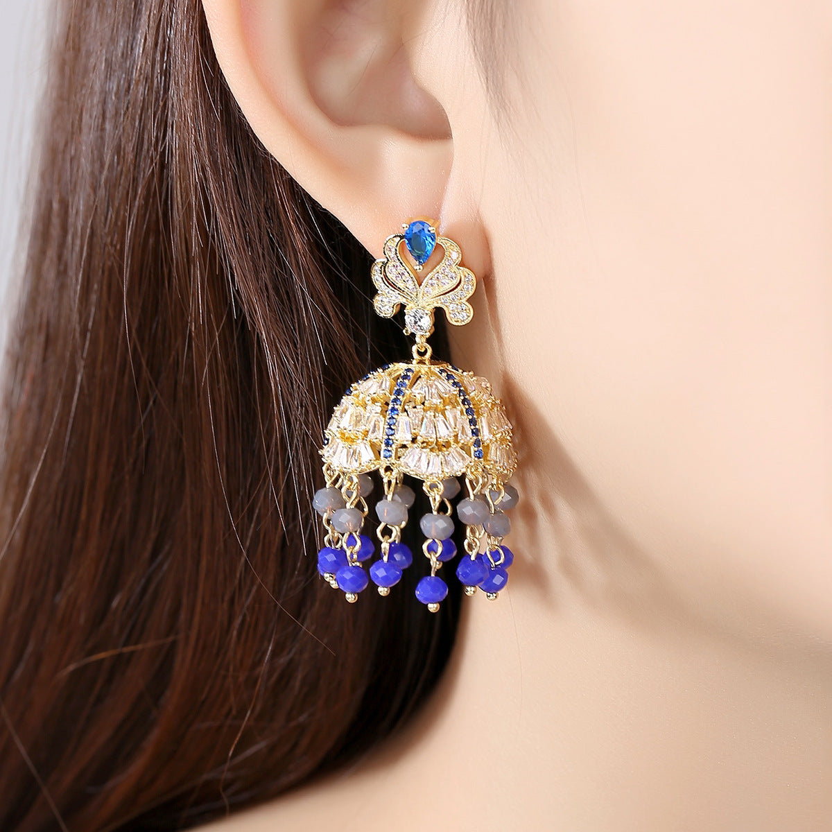 High-Quality Indian Style Earrings Bollywood Inlaid Zircon Luxury Jhumka Jhumki Jumka Earrings-Gold - enjoyinshopping