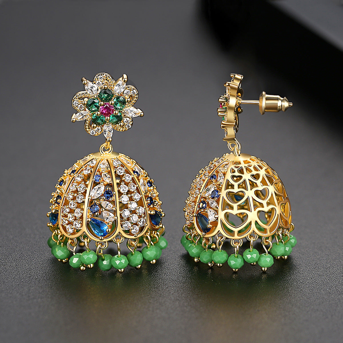 High-Quality Indian Style Earrings Bollywood Inlaid Zircon Luxury Jhumka Jhumki Jumka Earrings-Gold - enjoyinshopping