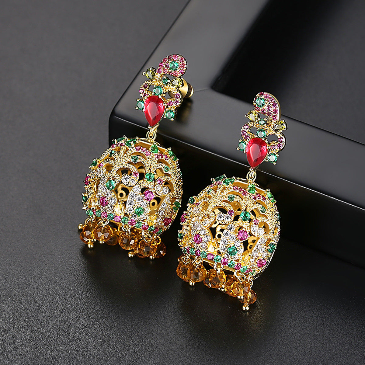 High-Quality Indian Style Earrings Bollywood Inlaid Zircon Paisley Shape Luxury Jhumka Jhumki Jumka Earrings-Gold - enjoyinshopping