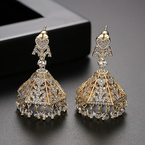 High-Quality Indian Style Earrings Bollywood Inlaid Zircon Luxury Jhumka Jhumki Jumka Earrings-Gold - enjoyinshopping