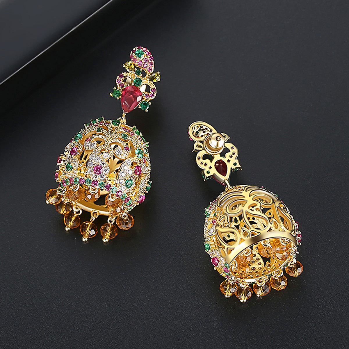 High-Quality Indian Style Earrings Bollywood Inlaid Zircon Paisley Shape Luxury Jhumka Jhumki Jumka Earrings-Gold - enjoyinshopping