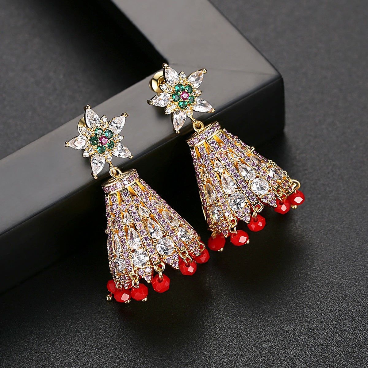 High-Quality Indian Style Earrings Bollywood Inlaid Flower Zircon Luxury Jhumka Jhumki Jumka Earrings-Gold - enjoyinshopping