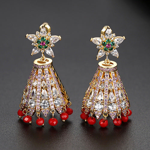 High-Quality Indian Style Earrings Bollywood Inlaid Flower Zircon Luxury Jhumka Jhumki Jumka Earrings-Gold - enjoyinshopping