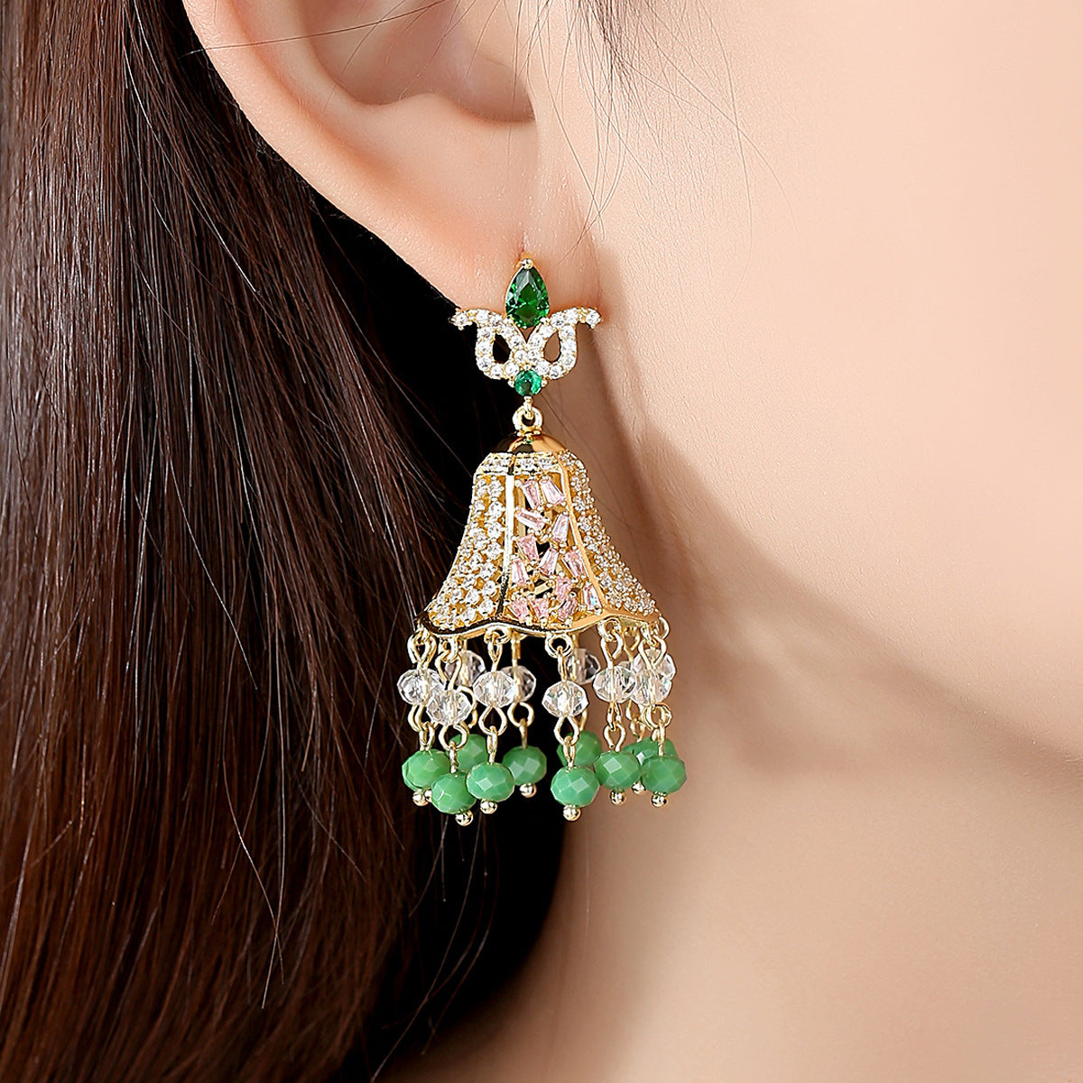 High-Quality Indian Style Earrings Bollywood Inlaid Zircon Luxury Jhumka Jhumki Jumka Earrings-Gold - enjoyinshopping