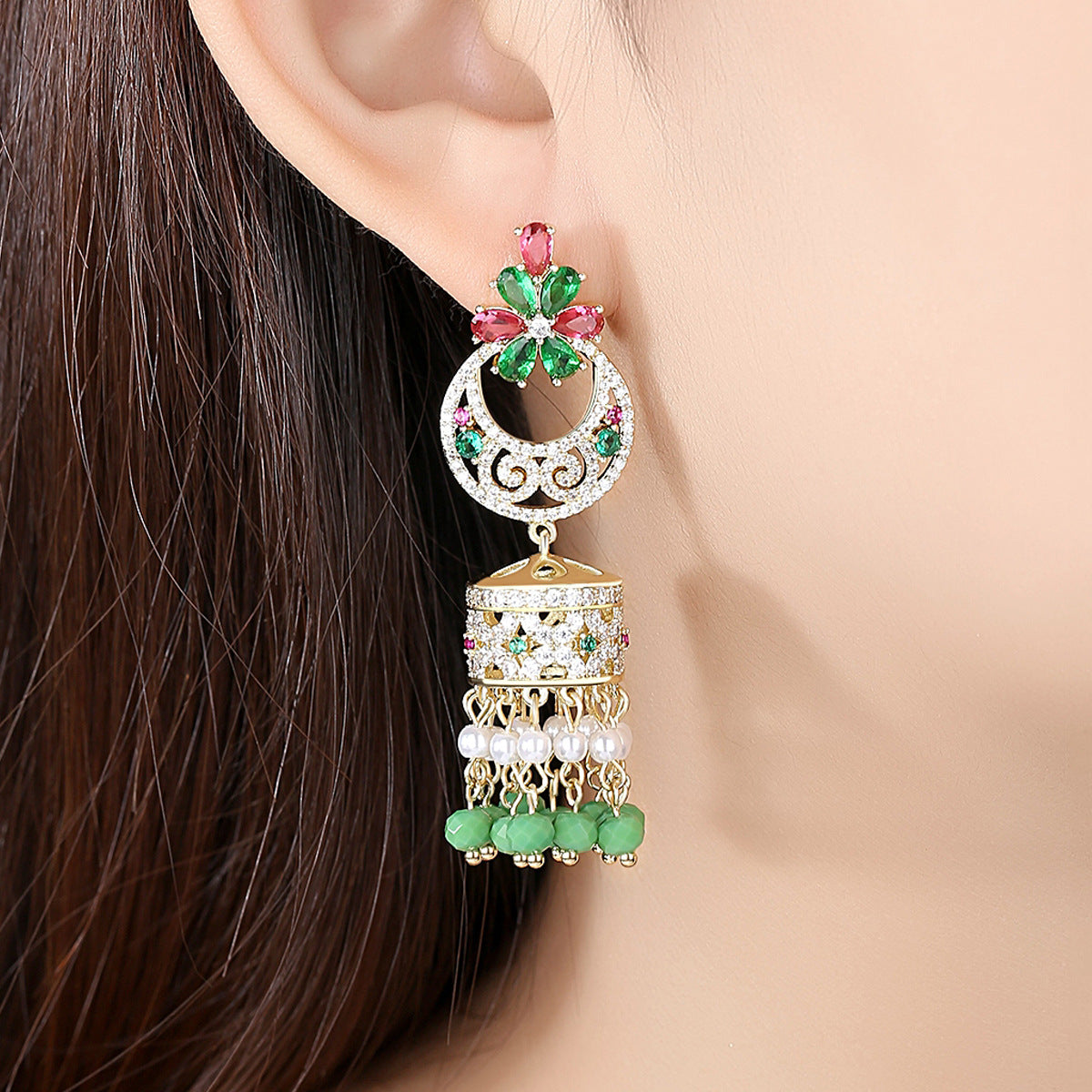 High-Quality Indian Style Earrings Bollywood Inlaid Zircon Luxury Jhumka Jhumki Jumka Earrings-Gold - enjoyinshopping