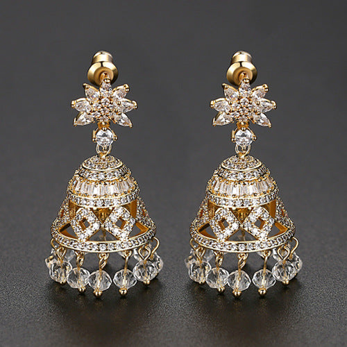 High-Quality Indian Style Earrings Bollywood Inlaid Zircon Flower Luxury Jhumka Jhumki Jumka Earrings-Gold - enjoyinshopping