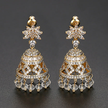 High-Quality Indian Style Earrings Bollywood Inlaid Zircon Flower Luxury Jhumka Jhumki Jumka Earrings-Gold - enjoyinshopping