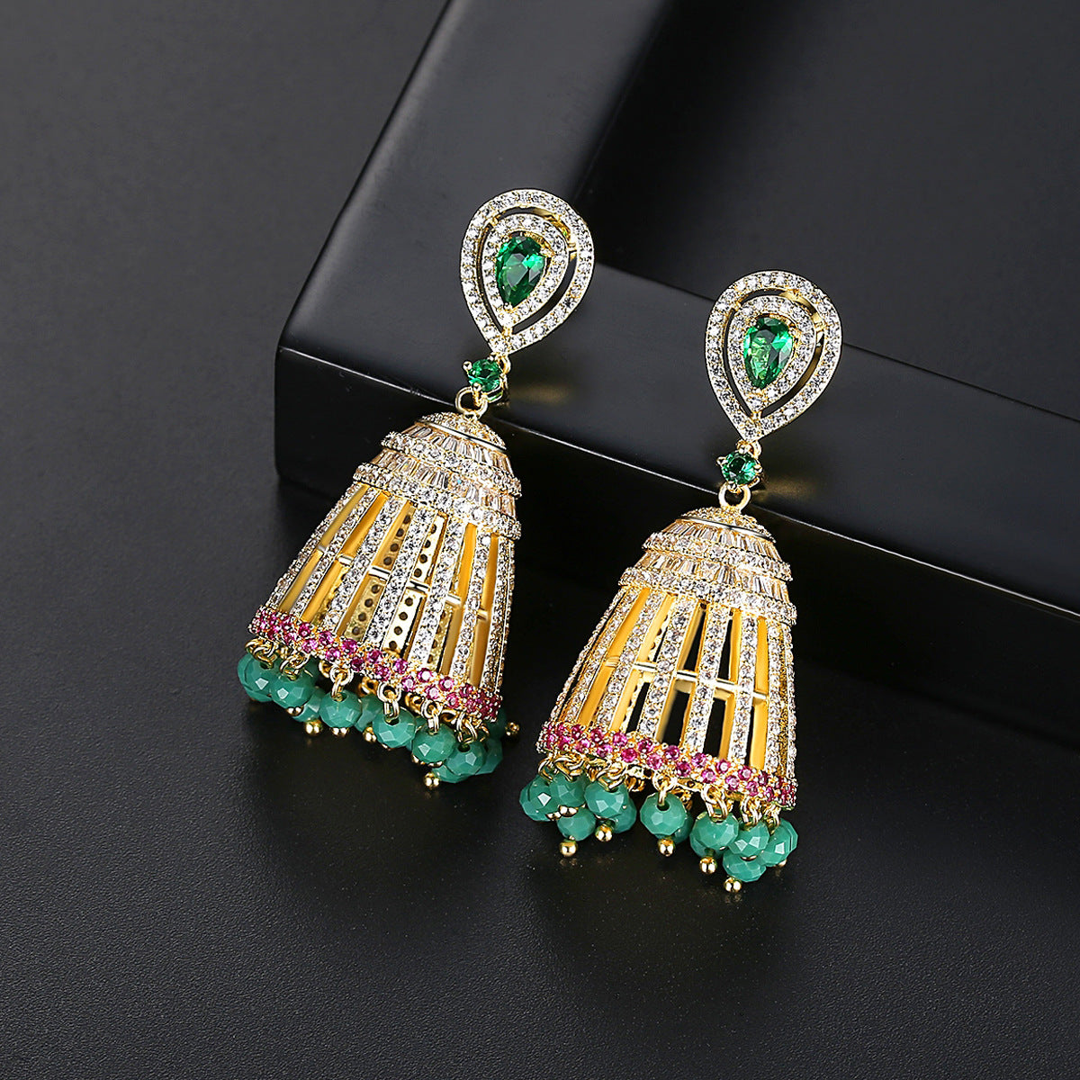 High-Quality Indian Style Earrings Bollywood Inlaid Zircon Luxury Jhumka Jhumki Jumka Earrings-Gold - enjoyinshopping