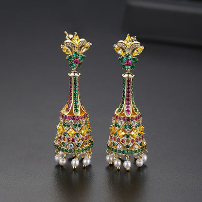 High-Quality Indian Style Earrings Bollywood Inlaid Zircon Long Luxury Jhumka Jhumki Jumka Earrings-Gold - enjoyinshopping