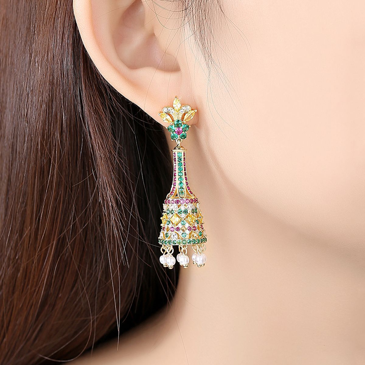 High-Quality Indian Style Earrings Bollywood Inlaid Zircon Long Luxury Jhumka Jhumki Jumka Earrings-Gold - enjoyinshopping