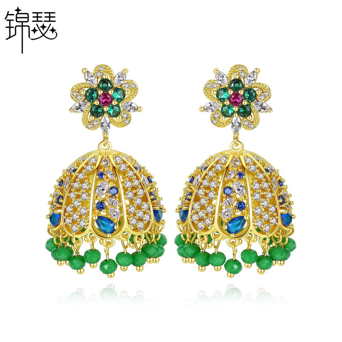 High-Quality Indian Style Earrings Bollywood Inlaid Zircon Luxury Jhumka Jhumki Jumka Earrings-Gold - enjoyinshopping