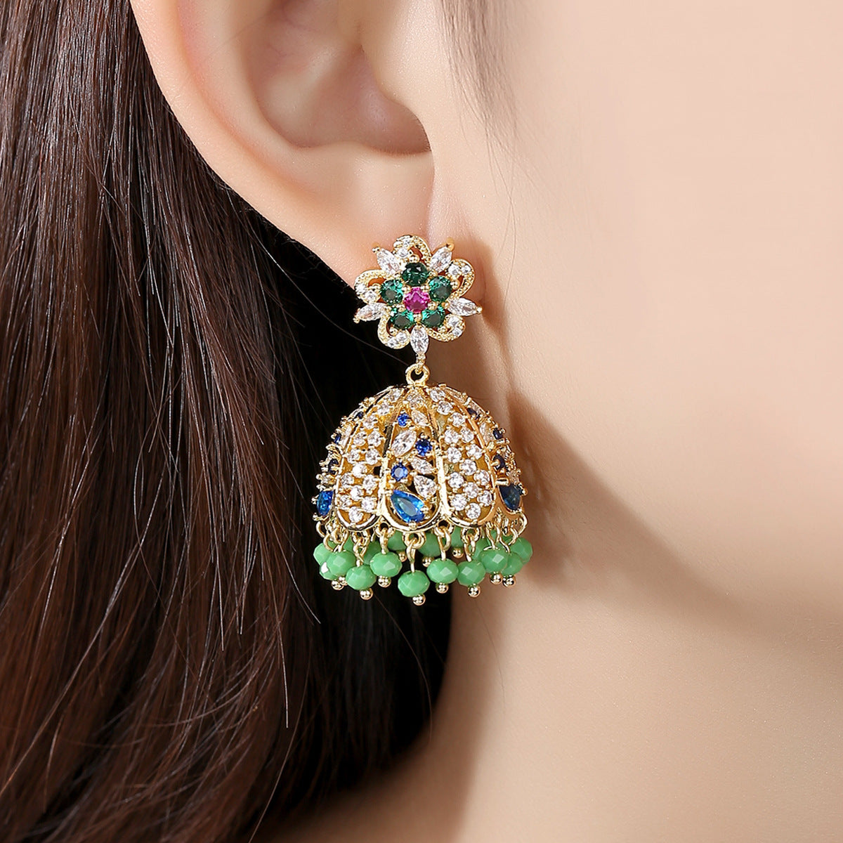 High-Quality Indian Style Earrings Bollywood Inlaid Zircon Luxury Jhumka Jhumki Jumka Earrings-Gold - enjoyinshopping